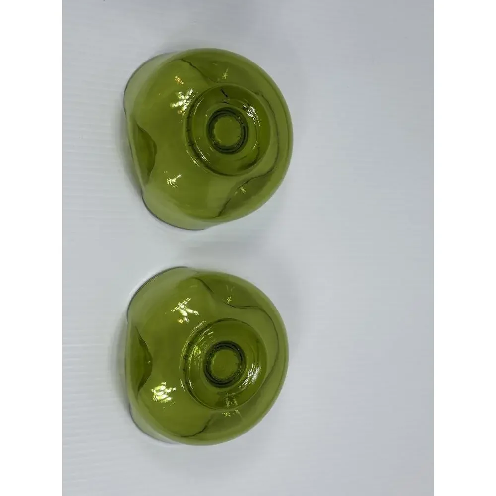 Vintage Anchor Hocking 2 Avocado Green Glass Candle Stick Holders Pair MCM 1970s